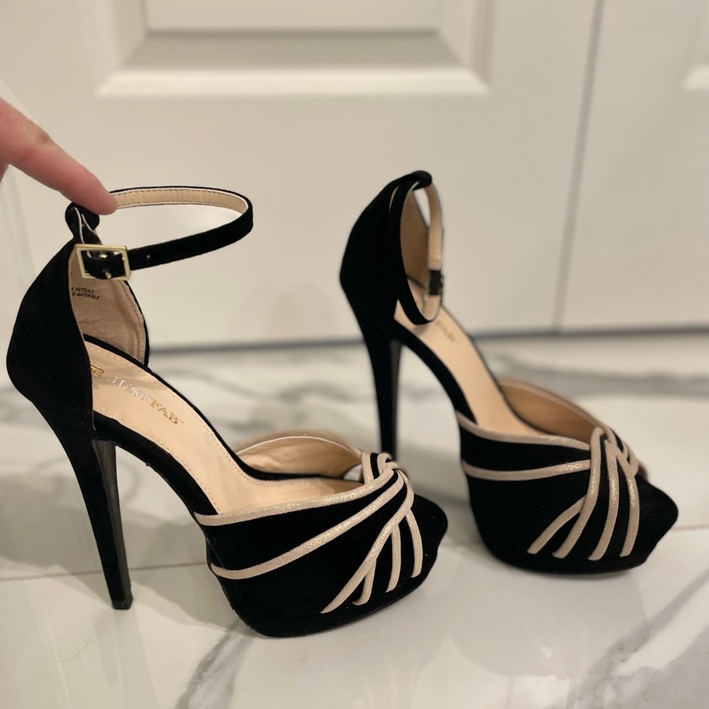 Black and gold shimmer suede heels